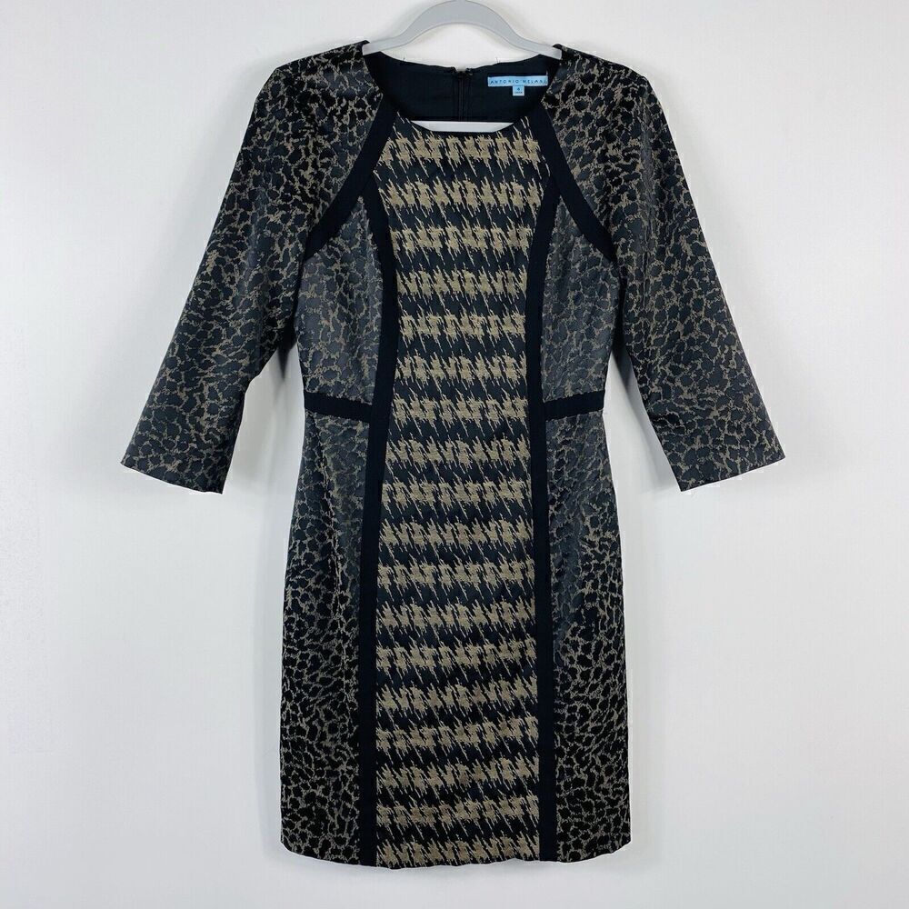 Antonio Melani Size 4 Houndstooth 3/4 Sleeve Sleeve Sheath Dress Black Tan